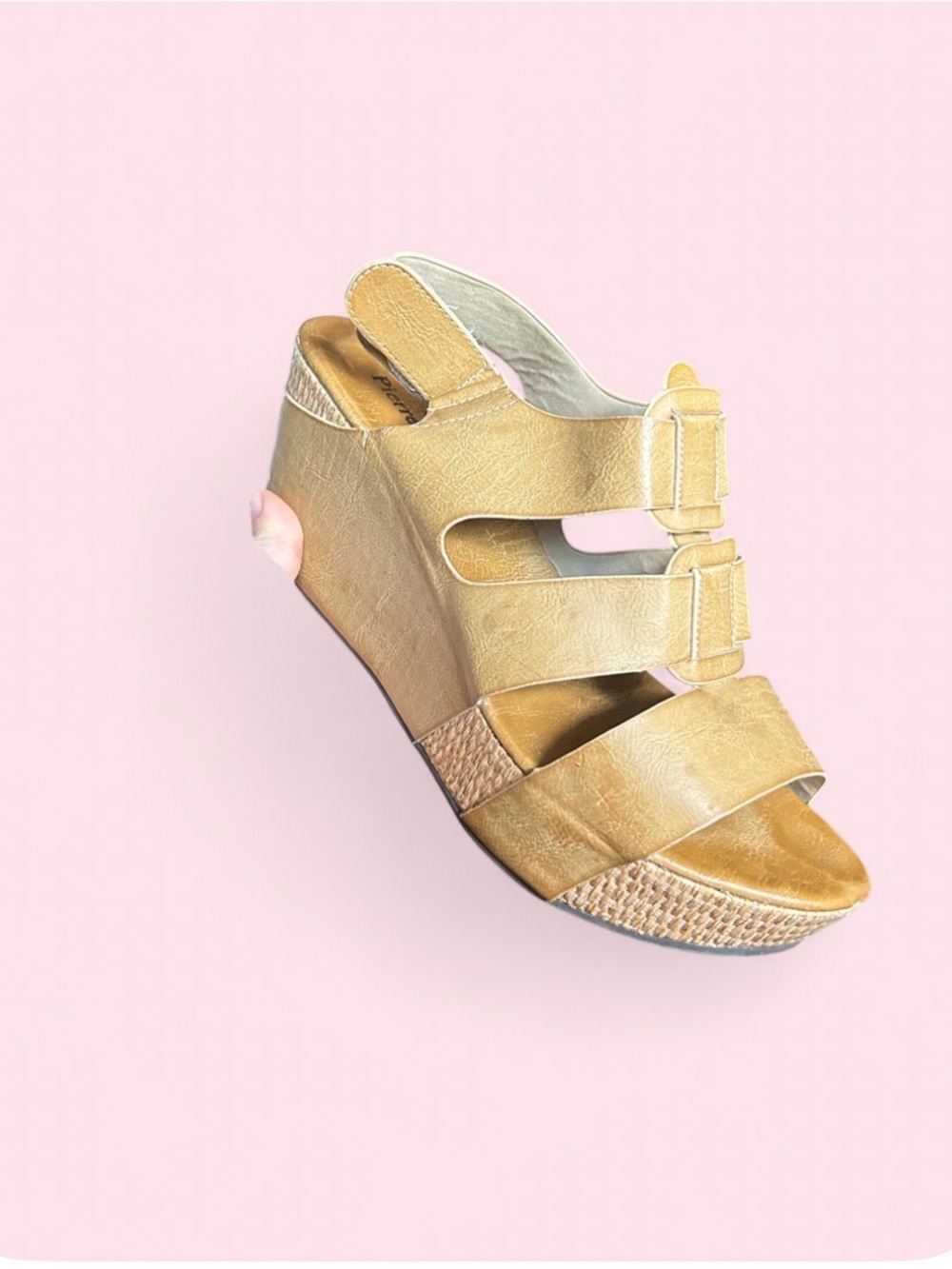 Pierre Dumas Wedge Leather Sandal with Adjustable Straps and woven heel - Size 8